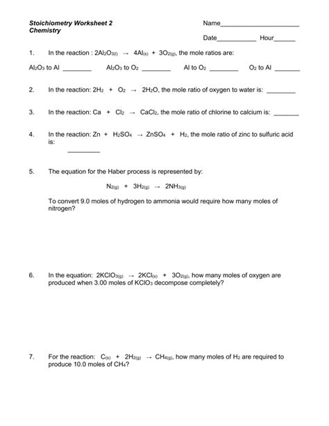 Write and balance the chemical equation that relates to each of the following word equations. . Stoichiometry worksheet pdf with answers